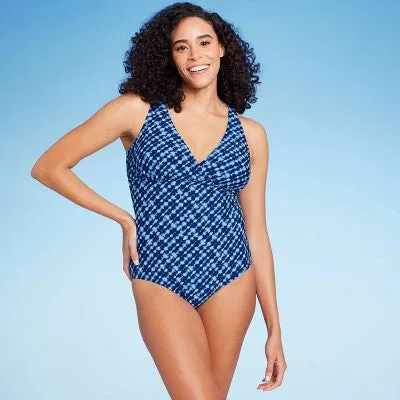 New - Lands' End Women's V-Neck One Piece Swimsuit Tummy Control Swimwear, Blue M