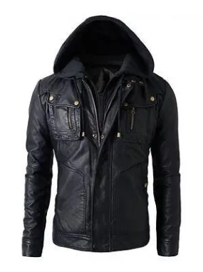 New Men's Motorcycle Brando Style Biker Leather Hoodie Jacket - Detach Hood