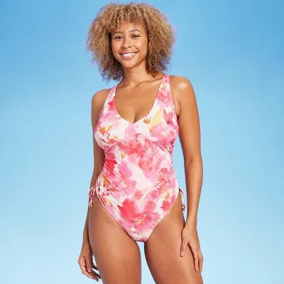 New - Shade & Shore Women's High Leg One Piece Swimsuit Medium Coverage, Floral L