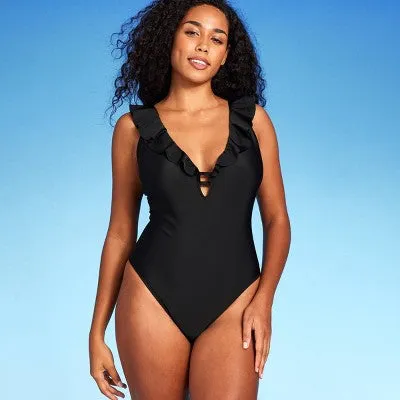 New - Shade & Shore Women's Plus Plunge One Piece Swimsuit Ruffle Swimwear