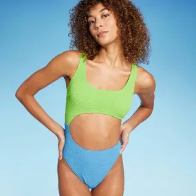 New - Wild Fable Women's Monokini One Piece Swimsuit Tank Top High Leg, Green/Blue XS