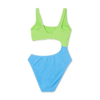 New - Wild Fable Women's Monokini One Piece Swimsuit Tank Top High Leg, Green/Blue XS