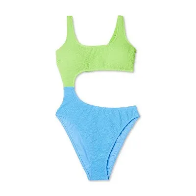 New - Wild Fable Women's Monokini One Piece Swimsuit Tank Top High Leg, Green/Blue XS