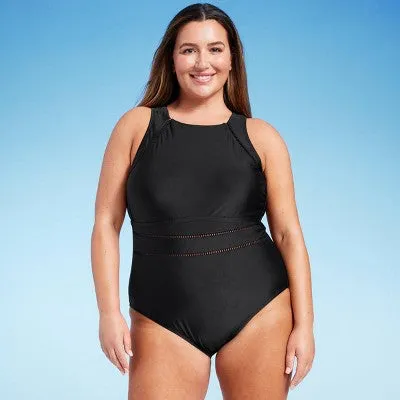 New - Women's High Neck Medium Coverage One Piece Swimsuit - Shade & Shore™ Black 14