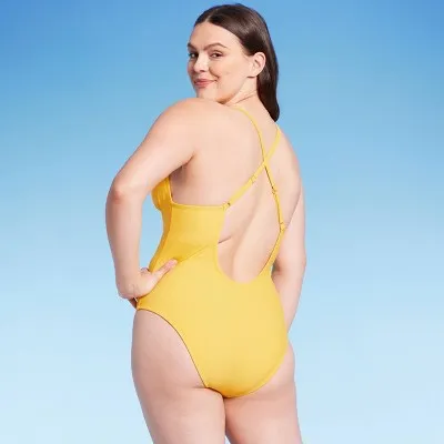 New - Women's Plunge Hardware Trim Cheeky One Piece Swimsuit - Shade & Shore Yellow L