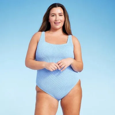 New - Women's Pucker Textured Full Coverage One Piece Swimsuit - Shade & Shore Blue 16