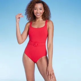 New - Women's Ribbed Front Belt Full Coverage One Piece Swimsuit - Shade & Shore Red