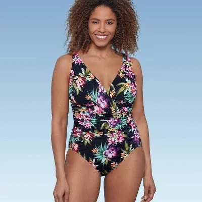 New - Women's UPF 50 V-Neck Ruched One Piece Swimsuit - Shape   Style by Aqua Green Multi Floral Print 10