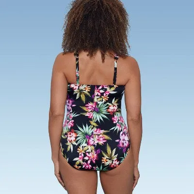 New - Women's UPF 50 V-Neck Ruched One Piece Swimsuit - Shape   Style by Aqua Green Multi Floral Print 10