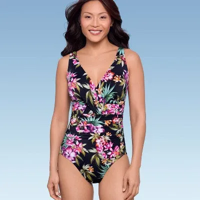 New - Women's UPF 50 V-Neck Ruched One Piece Swimsuit - Shape   Style by Aqua Green Multi Floral Print 10