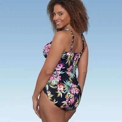 New - Women's UPF 50 V-Neck Ruched One Piece Swimsuit - Shape   Style by Aqua Green Multi Floral Print 10