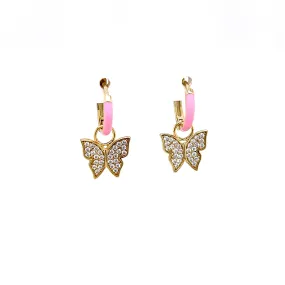 Pink Enamel Huggie Earrings with a Pave Butterfly Charm