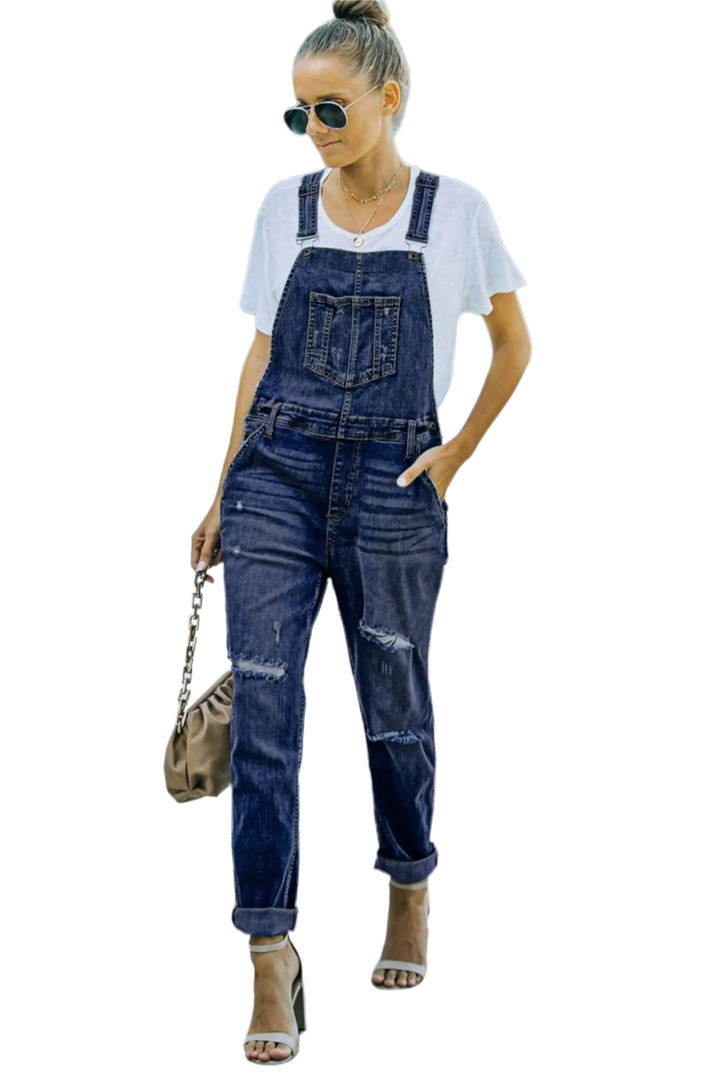 Pocketed Distressed Denim Overalls