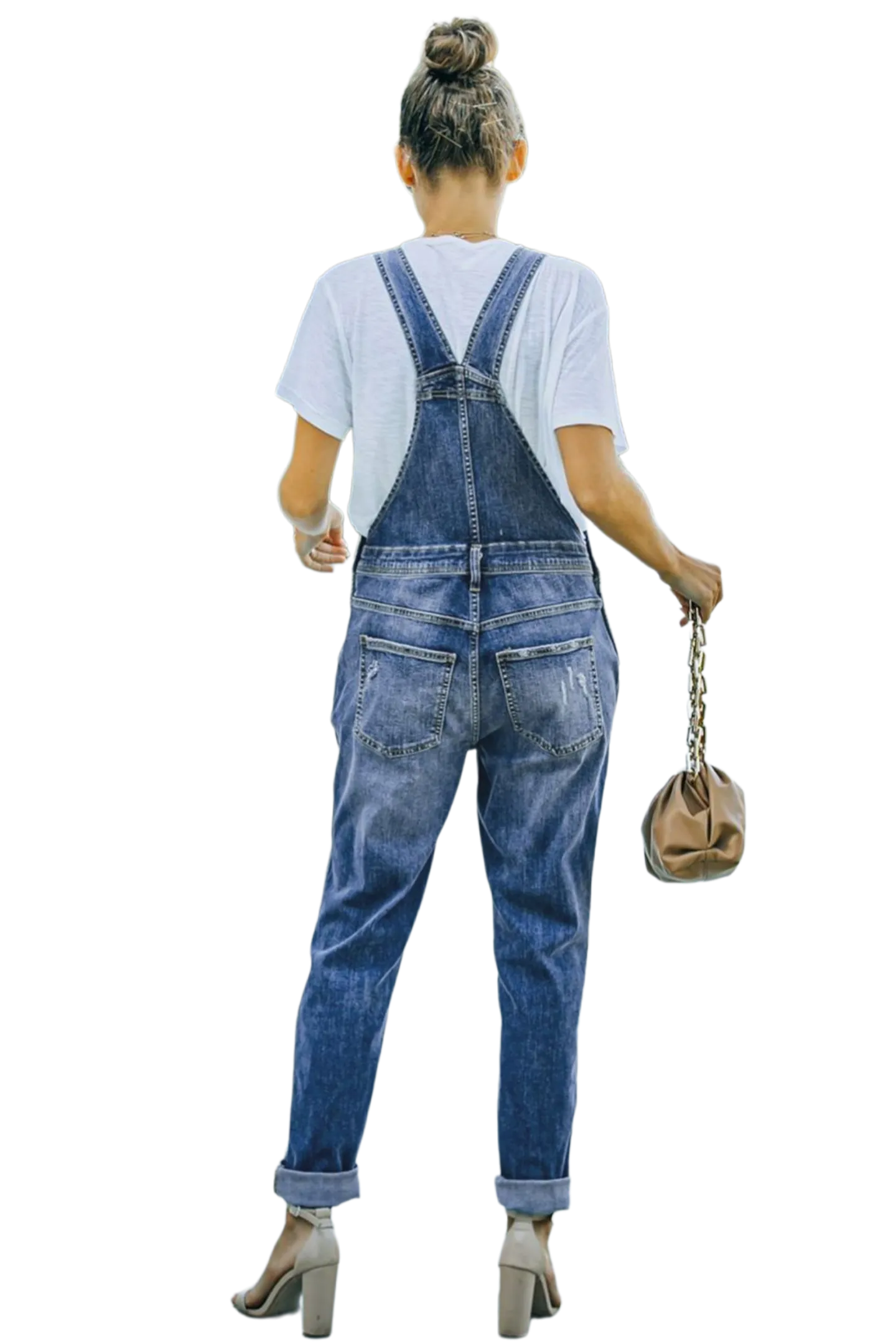 Pocketed Distressed Denim Overalls