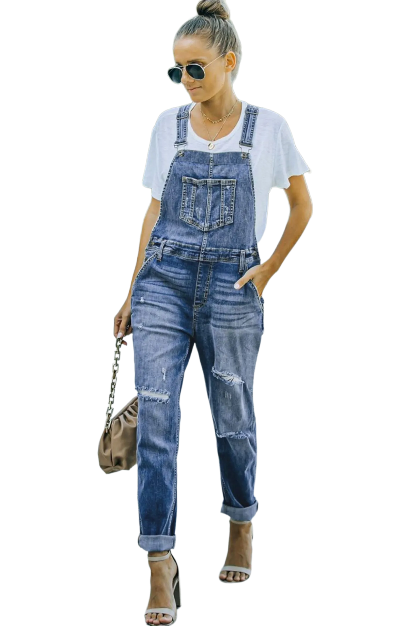 Pocketed Distressed Denim Overalls