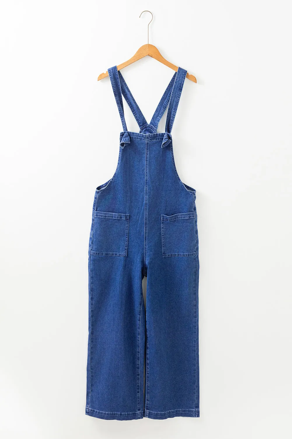 Prussian Blue Mineral Wash Knotted Strap Patched Pocket Wide Leg Denim Overalls