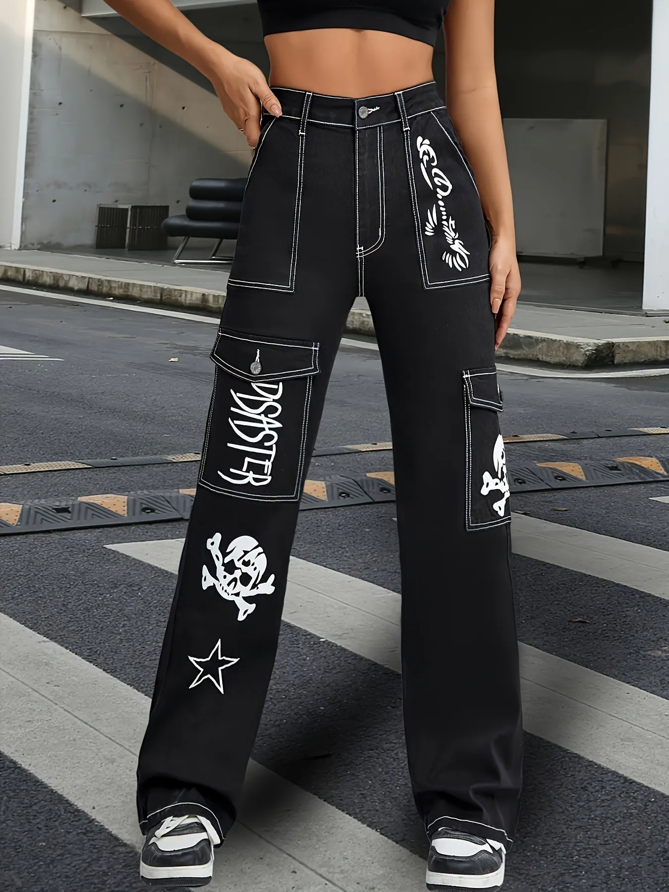 Retro Sexy Fried Street Overalls Loose Straight Leg Denim Printed Mopping High Waist Women Pants Fashionable