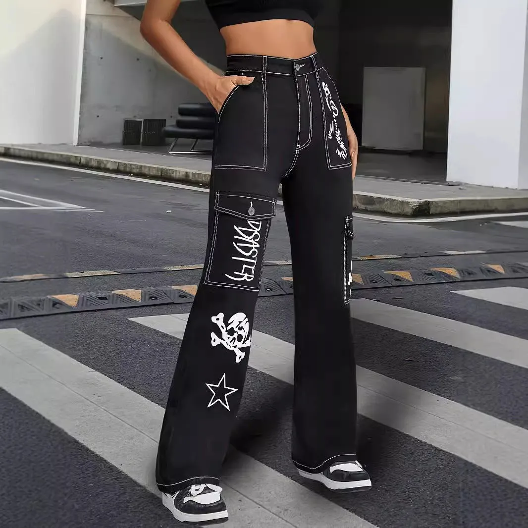 Retro Sexy Fried Street Overalls Loose Straight Leg Denim Printed Mopping High Waist Women Pants Fashionable