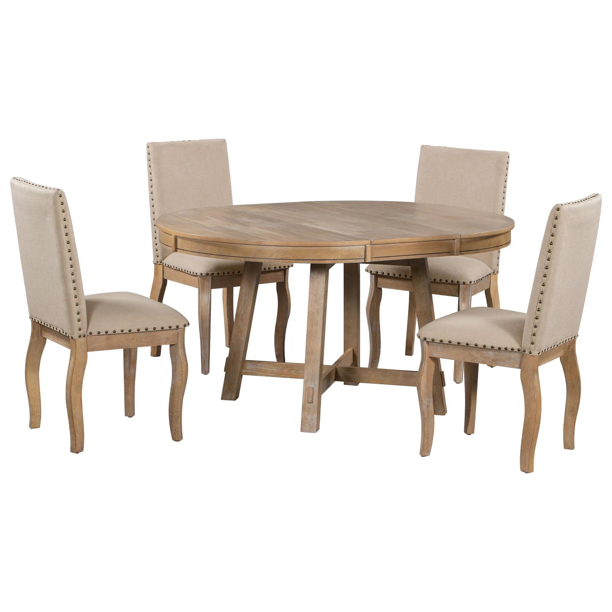 TREXM 5-Piece Farmhouse Dining Table Set Wood Round Extendable Dining Table and 4 Upholstered Dining Chairs (Natural Wood Wash)