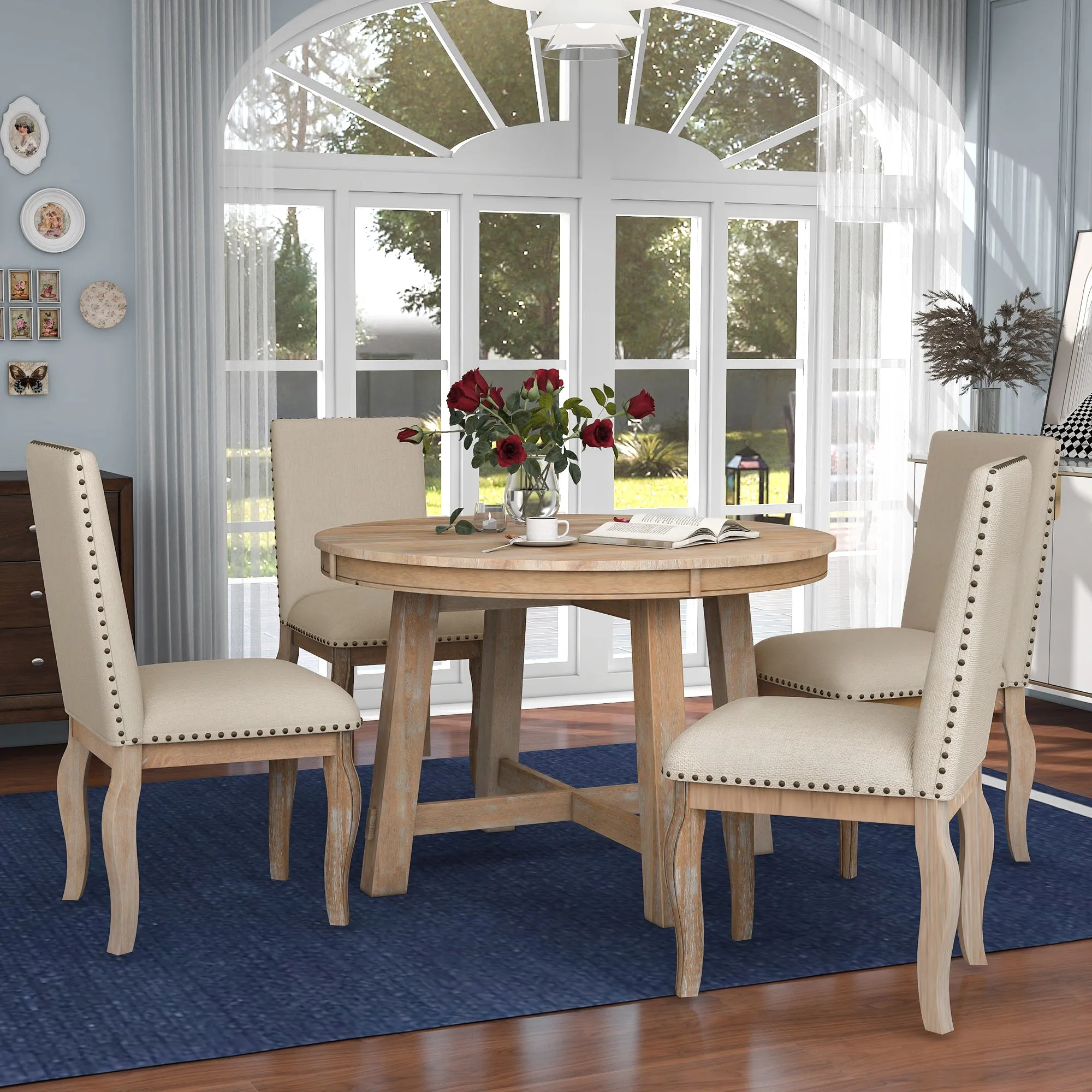 TREXM 5-Piece Farmhouse Dining Table Set Wood Round Extendable Dining Table and 4 Upholstered Dining Chairs (Natural Wood Wash)