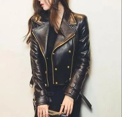 Women's Black Moto Style Genuine Leather Motorcycle Slim fit Biker Jacket