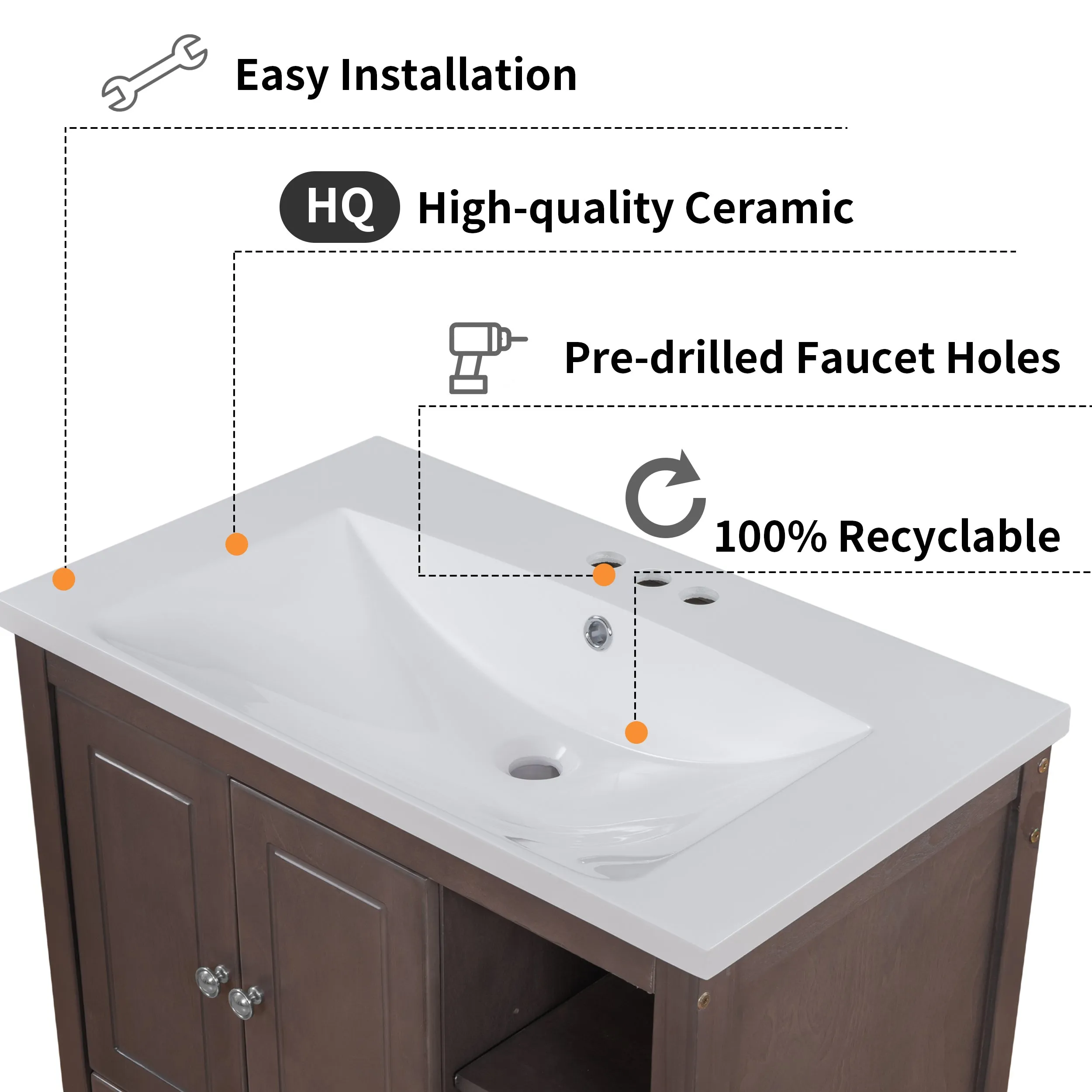 Wooden Bathroom Vanity with Ceramic Sink - Brown