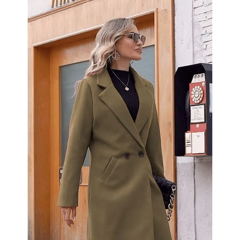 Yeokou Women'S Notch Lapel Double Breasted Wool Blend Mid Long Pea Trench Coat